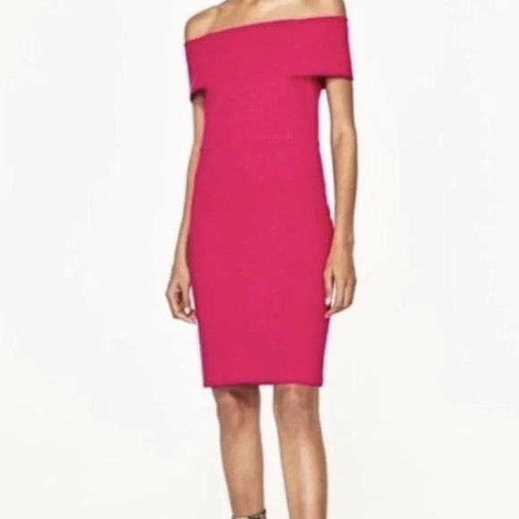 ZARA NWT Off Shoulder Bodycon Dress | Women's Size S | Bright Pink - Picture 1 of 6